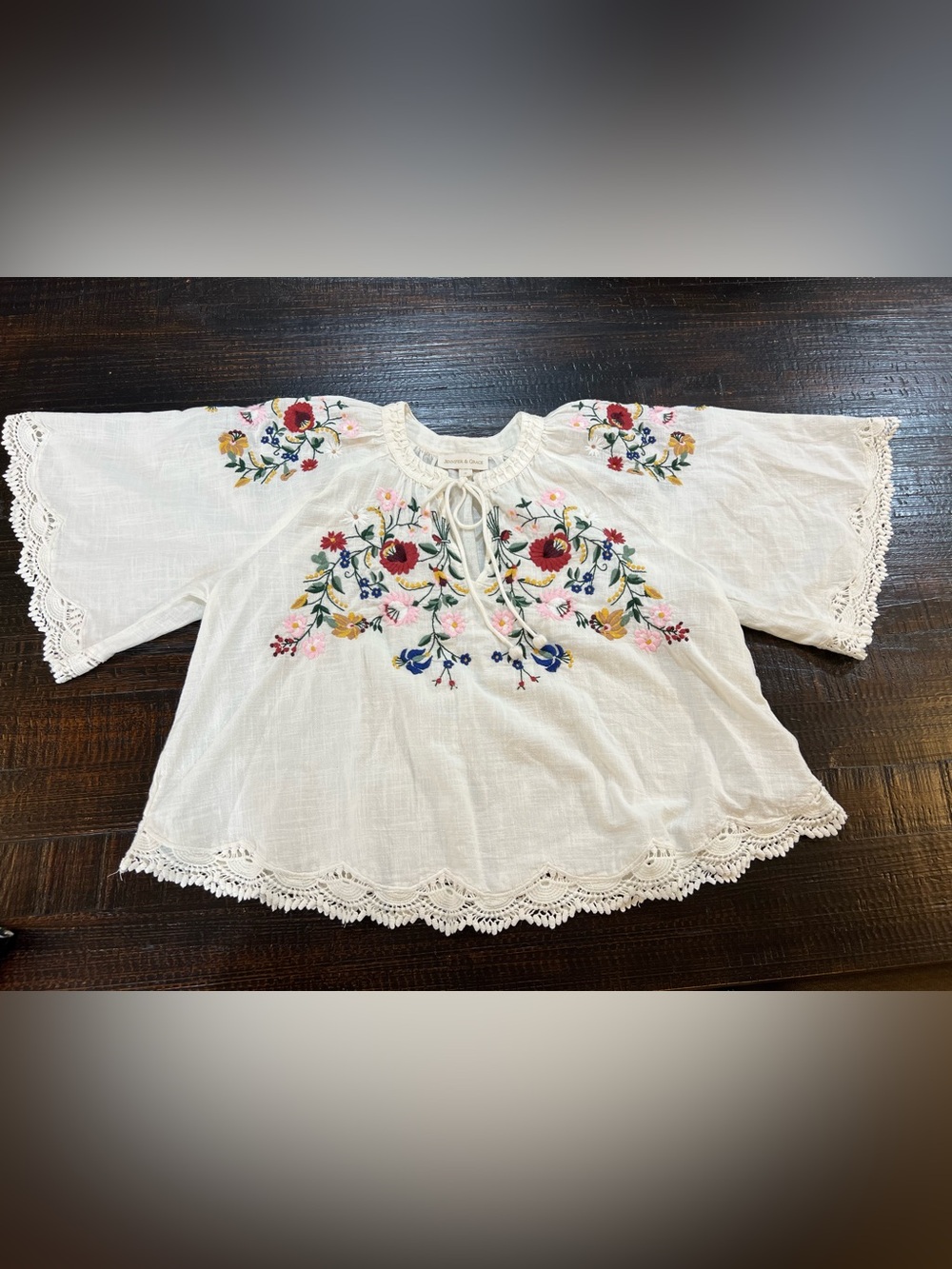 Jennifer & Grace Women’s S Embroidered Floral Boho Blouse Crochet Lace Cotton